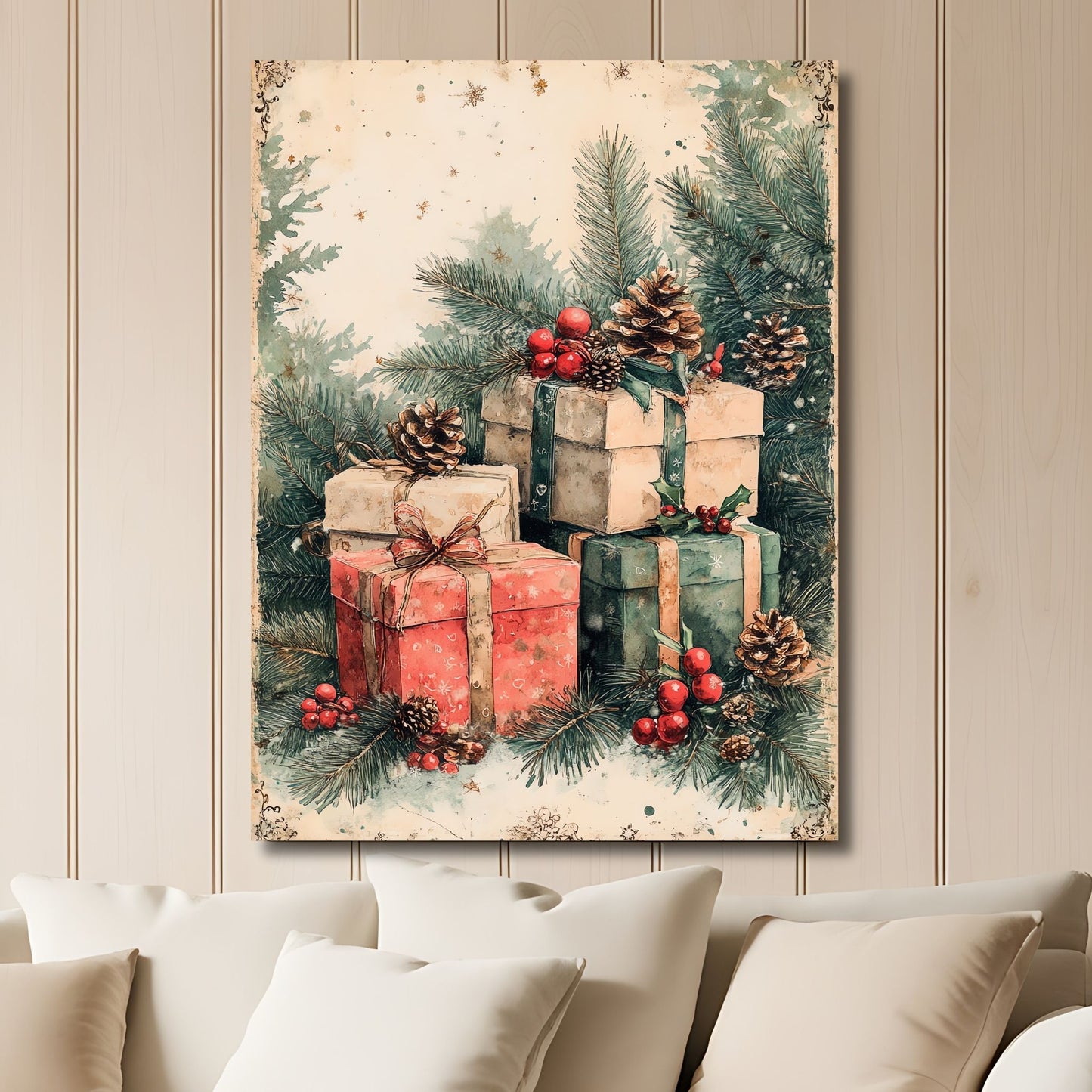 Dette stemningsfulle motivet viser vakkert innpakkede gaver omgitt av vintergrønt, kongler og røde bær, som bringer frem den perfekte julefølelsen. Illustrasjon viser motivet på lerret.