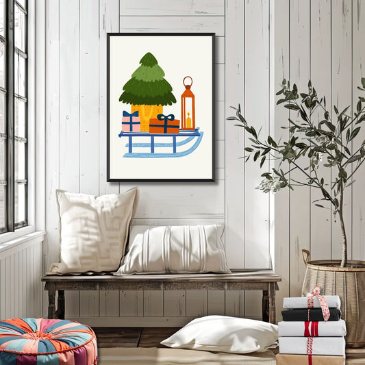 Denne sjarmerende illustrasjonen viser et juletre, gaver og en tent lykt plassert på en slede, som gir en nostalgisk følelse av vinter og julefeiring. Illustrasjonsfoto viser plakat i sort ramme.