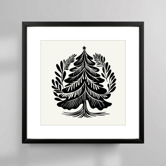 Denne stilrene plakaten kombinerer tradisjonelle juleelementer med en minimalistisk designstil, som gir et moderne preg på klassiske julemotiver som juletrær og stjerner. Illustrasjonsfoto viser plakat i sort ramme.