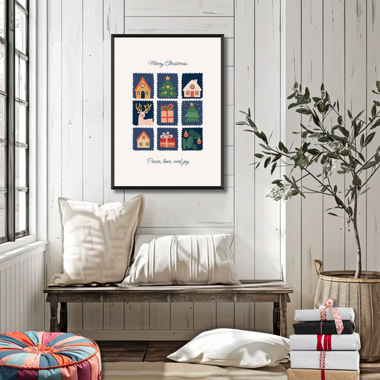 Denne nostalgiske plakaten viser små julehus og gaver i en varm fargepalett, som vekker minner om tradisjonelle julemarkeder. Illustrasjonsfoto viser plakat i sort ramme.