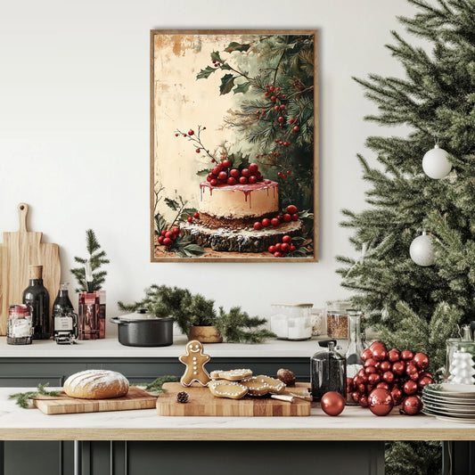 Dette vakre motivet viser en festlig kake dekorert med røde bær og vintergrønt, omgitt av et nostalgisk og klassisk julelandskap. Illustrasjon viser motivet som plakat i lys ramme.