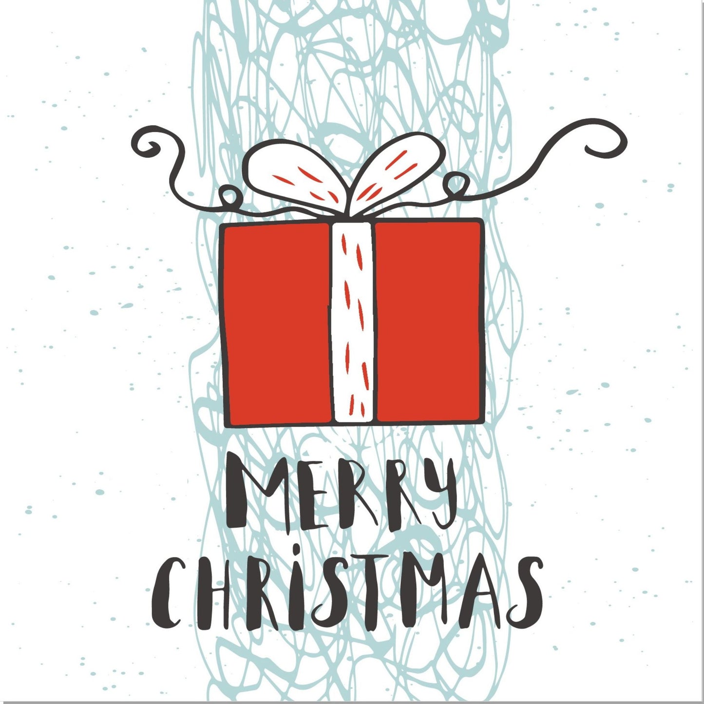 Håndtegnet cartoon julekort. Motiv av julepakke med rødt papir. Tekst "merry christmas"