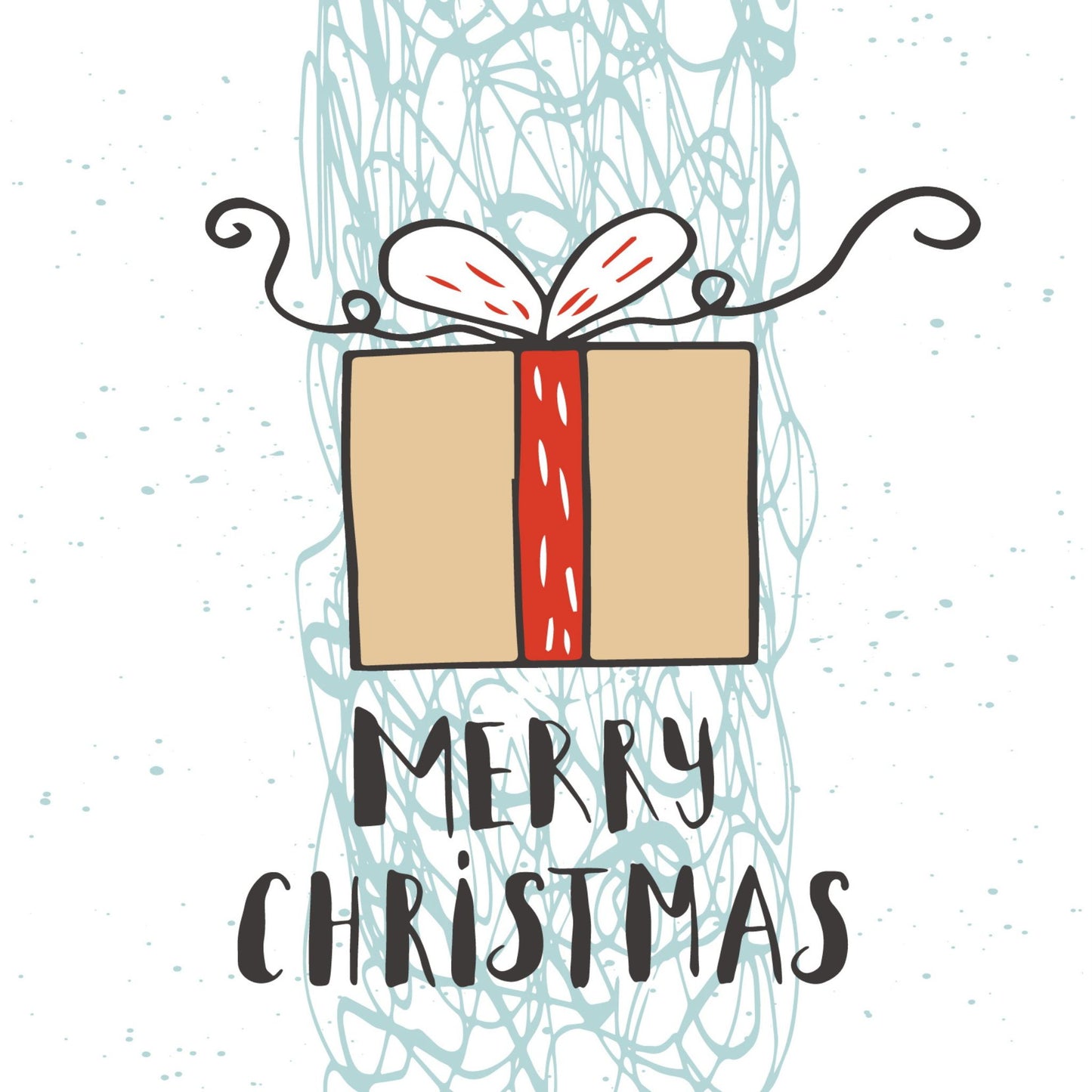 Håndtegnet cartoon julekort. Motiv av julepakke med beige papir og rødt bånd. Tekst "merry christmas"