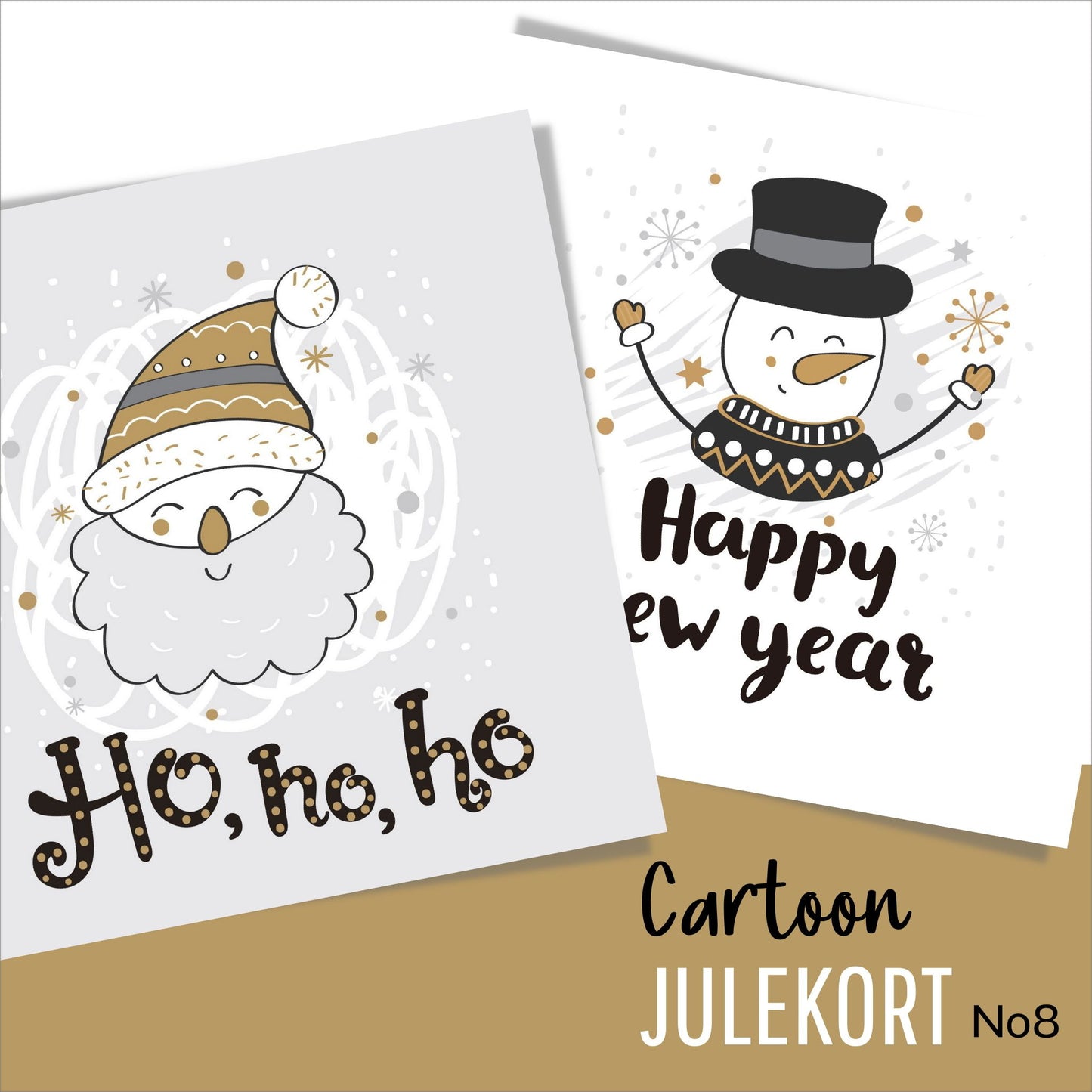 Søte julekort i håndtegnet cartoon. 10 pk. Fargemyanser i grå, sort, hvit og gull.