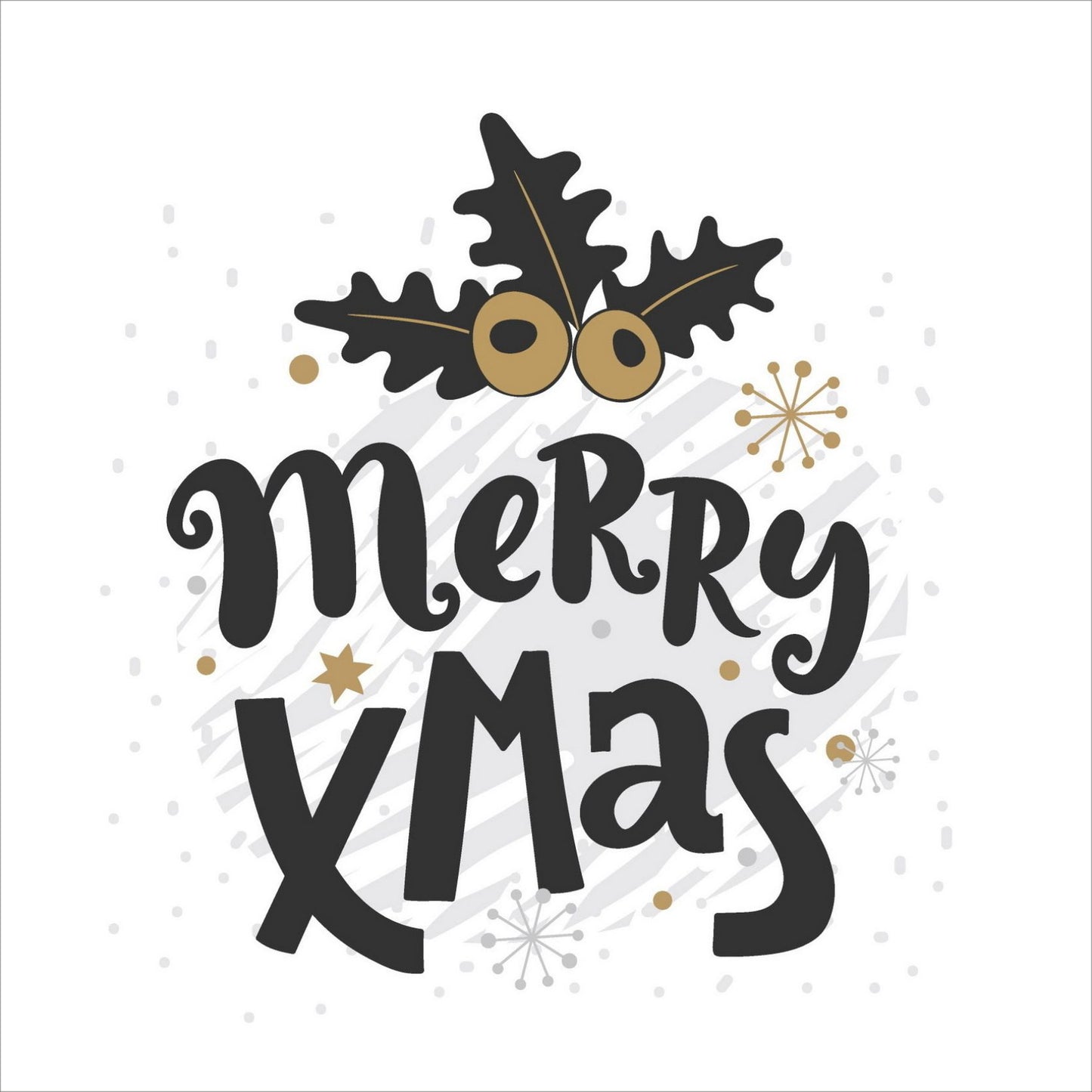 Søte julekort i håndtegnet cartoon. 10 pk. Fargemyanser i grå, sort, hvit og gull. Nmotiv av laurbær. Tekst på kort "merry xmas"