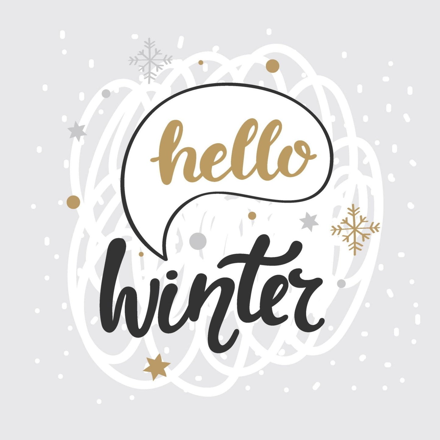 Søte julekort i håndtegnet cartoon. 10 pk. Fargemyanser i grå, sort, hvit og gull. Motiv av små stjerner i gull og hvite snøkrystaller. Tekst på kort "hello winter"