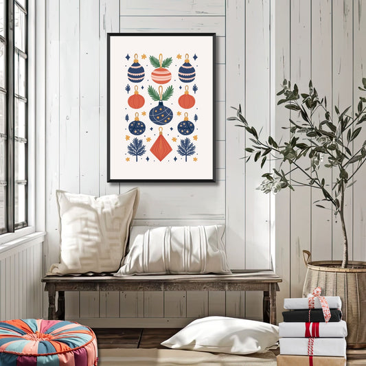 Gi hjemmet ditt en elegant oppgradering til jul med denne plakaten som viser en rekke vakkert illustrerte julekuler i ulike former og farger. Illustrasjonsfoto viser plakat i sort ramme.