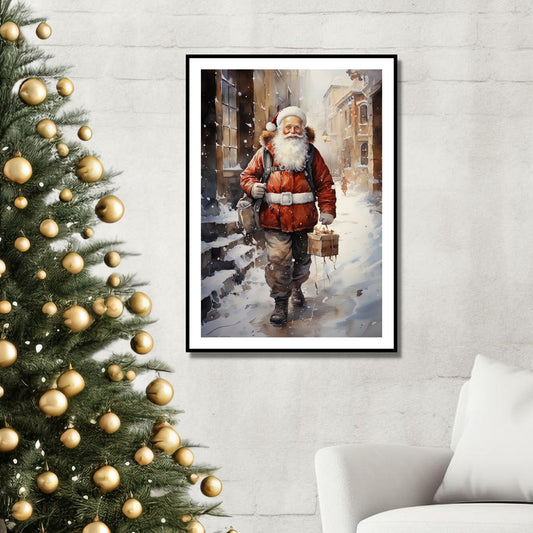 Grafisk motiv av julenisse som går på en snøkledd gate i en by. Nissen bærer med seg en julepakke og har en ryggsekk slengt over den ene skulderen. Han er kledd i en brun bukse, og har en rød jakke med hvitt belte rundt livet. Han har langt, hvitt skjegg, og på hodet har han en rød nisselue med hvit pelskant. Her henger motivet på veggen i sort ramme. Det er en hvit kant rundt motivet.