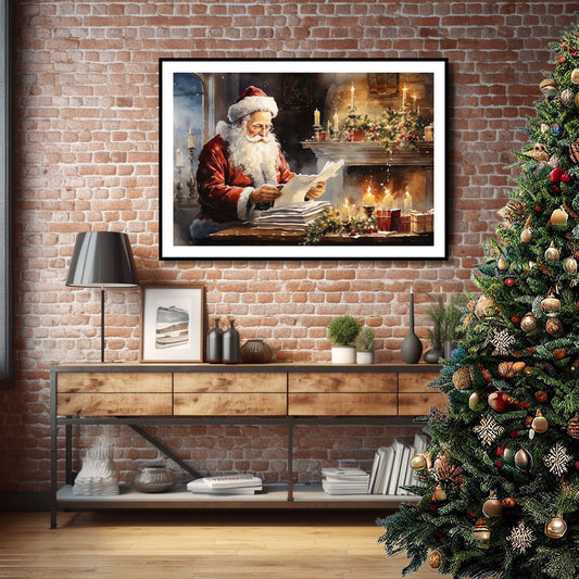 Grafisk motiv av julenisse som leser brev med julegaveønsker. Han sitter ved et bord ved siden av peisen, og det står mange stearinlys og brenner rundt omkring. På bordet ligger det julepakker og julepynt. Han er kledd i rød nissejakke, har langt, hvitt skjegg, og på hodet har han en rød nisselue med hvit pelskant. Her er motivet plassert i en sort ramme, og det er en hvit kant rundt motivet.