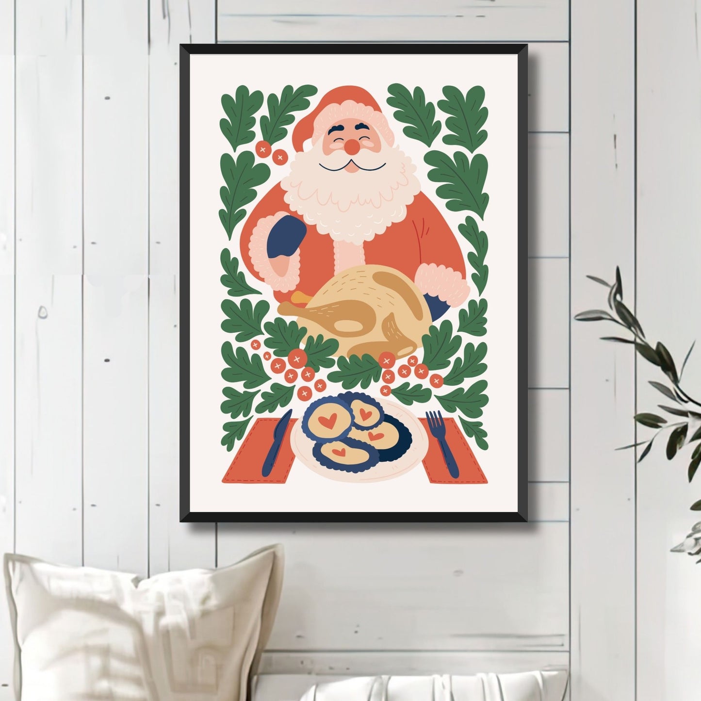 "Julenisse med Julemiddag" er en sjarmerende plakat som feirer en av julens mest kjente tradisjoner – julemiddagen. Illustrasjonsfoto viser plakati sort ramme.