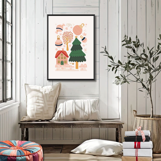 "Julehus og Kuler" er en nostalgisk plakat som viser et lite hus, et pyntet juletre, og klassiske julekuler, alle dekorert i delikate farger. Illustrasjonsfoto viser plakat i sort ramme.