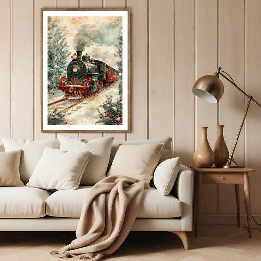 Dette motivet skildrer et rødt tog omgitt av vinterlandskap og julepynt, perfekt for å skape en nostalgisk og festlig stemning i hjemmet.Illustrasjon viser motivet som plakat med hvit kant i lys ramme