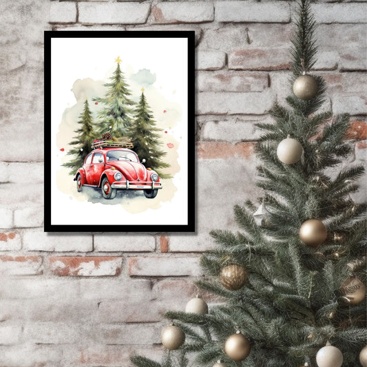 Plakat og lerret med grafisk julemotiv av gammel, rød volkswagen boble. Bilen kjører i en skog, og på taket er den lastet med juledekorasjoner. På bildet henger motivet som plakaten i en sort ramme på en murvegg ved siden av et juletre.