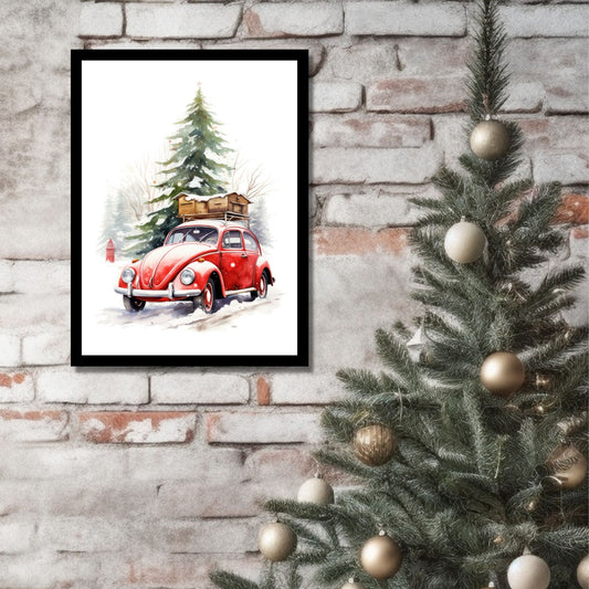 Plakat og lerret med grafisk julemotiv av gammel, rød volkswagen boble. Bilen kjører i en skog, og på taket er den lastet med trekasser. På bildet henger motivet som plakaten i en sort ramme på en murvegg ved siden av et juletre.