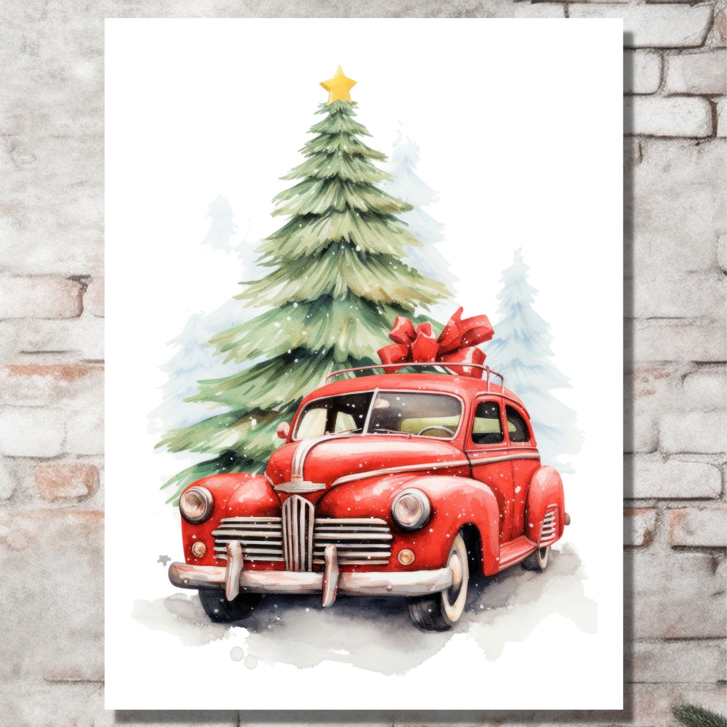 Plakat og lerret med grafisk julemotiv av gammel, rød veteranbil. Bilen kjører i en skog. På bildet henger motivet på lerret på en murvegg.