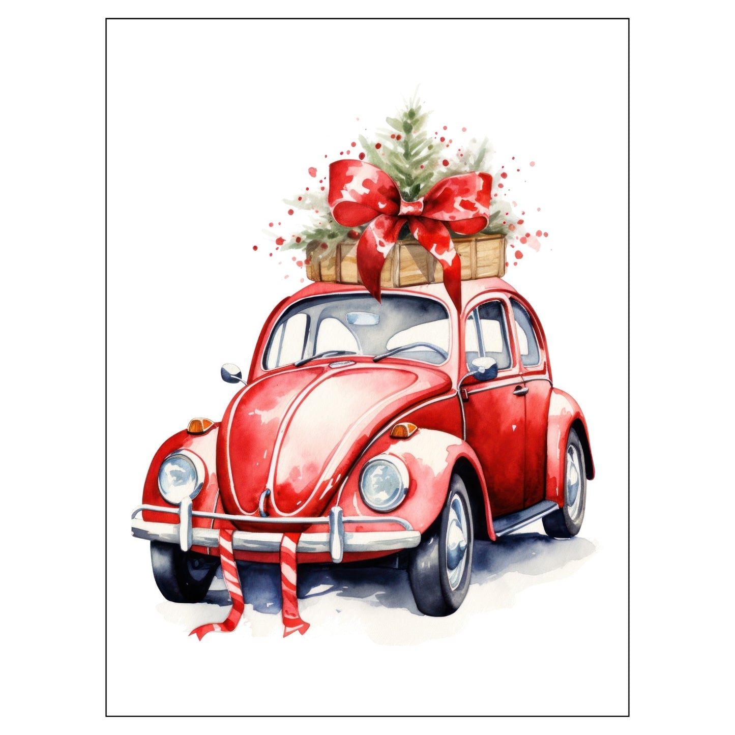 Grafisk julemotiv av gammel, rød volkswagen boble. På taket er den lastet med juledekorasjoner. Motivet trykkes på plakat og lerret.