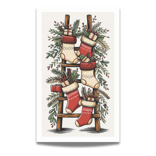 Denne sjarmerende illustrasjonen viser klassiske juledekorasjoner med julestrømper, en vintageinspirert trestige og frodig vintergrønt, perfekt for å skape en nostalgisk og festlig atmosfære.