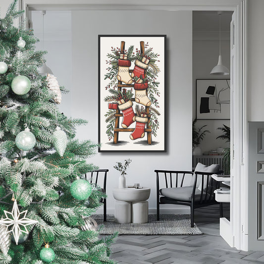 Denne sjarmerende illustrasjonen viser klassiske juledekorasjoner med julestrømper, en vintageinspirert trestige og frodig vintergrønt, perfekt for å skape en nostalgisk og festlig atmosfære. Illustrasjon viser motivet som plakat i ramme.