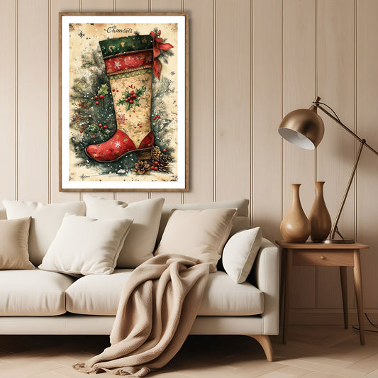 Julestrømpe i tradisjonelle røde og grønne nyanser, omgitt av kongler og snøfnugg, noe som skaper en tidløs og varm julefølelse. Illustrasjon viser motivet som plakat med hvit kant i lys ramme.