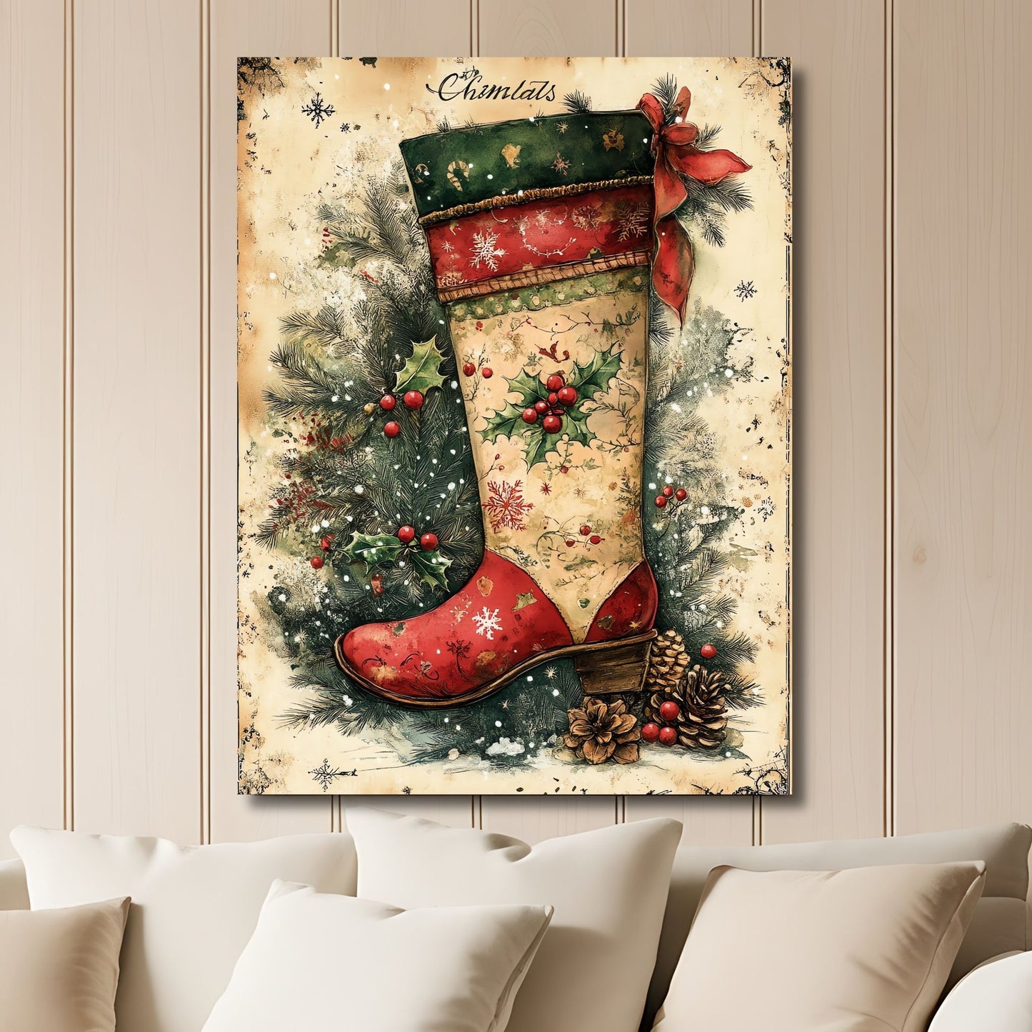 Julestrømpe i tradisjonelle røde og grønne nyanser, omgitt av kongler og snøfnugg, noe som skaper en tidløs og varm julefølelse. Illustrasjon viser motivet på lerret.