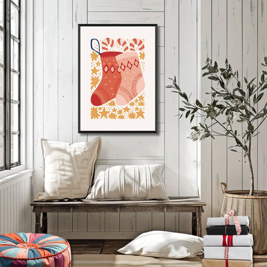 Fyll hjemmet ditt med forventning om julens mirakler med denne plakaten som viser to sjarmerende julestrømper dekorert med stjerner. Illustrasjonsfoto viser plakat i sort ramme.