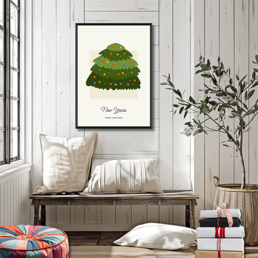 "Juletre i Harmoni" kombinerer tradisjonell juleestetikk med et enkelt, moderne design, som skaper en rolig og innbydende atmosfære i ethvert rom. Illustrasjon viser plakat i sort ramme.