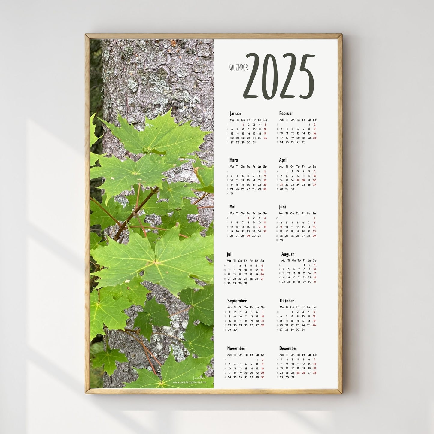Planlegg året med stil med Kalender 2025! Kalenderen er både funksjonell og dekorativ, og passer perfekt på veggen. Ilustrasjonsfoto viser kalender i lys ramme.