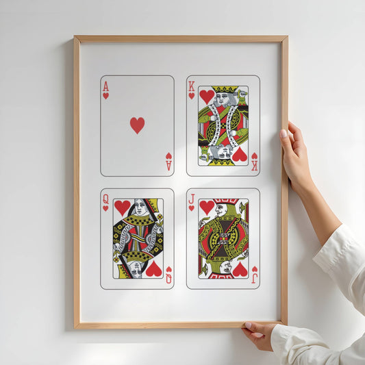 KORTSTOKK Hjerter Kollasj Plakat på vegg – moderne grafisk plakat i ramme