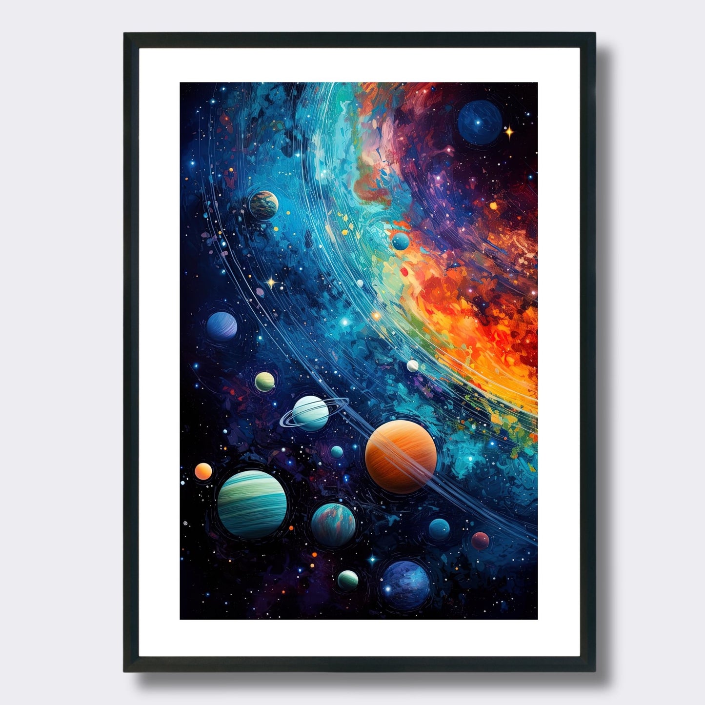 Grafisk illustrasjon av planater i bane rundt jorda. Illustrasjonsbilde av plakat i sort ramme.