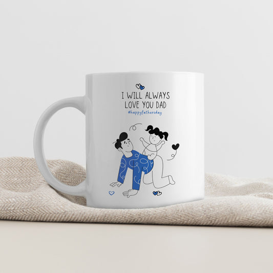 Et varmt og humoristisk krus som fanger gleden mellom far og barn.
Motivet viser lek og samhold – et symbol på kjærligheten som vokser gjennom små øyeblikk.