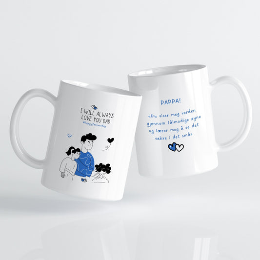 Et stilrent krus som hyller de stille stundene mellom far og barn.
Et motiv som minner oss om trygghet, tålmodighet og kjærlighet uten ord.