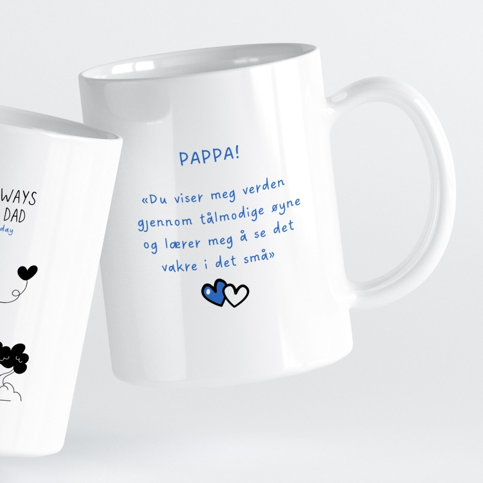 Et stilrent krus som hyller de stille stundene mellom far og barn.
Et motiv som minner oss om trygghet, tålmodighet og kjærlighet uten ord.