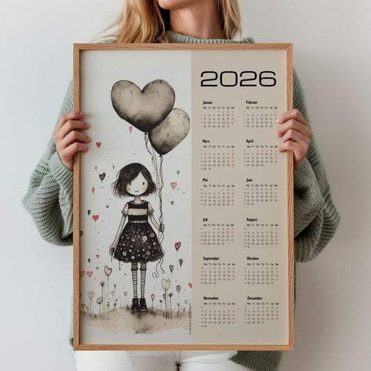 Illustrasjon av en jente som står i et felt med små hjerter og holder to store hjerteformede ballonger, med kalender for 2026 på høyre side. Illustrasjon viser kalender i eik ramme.