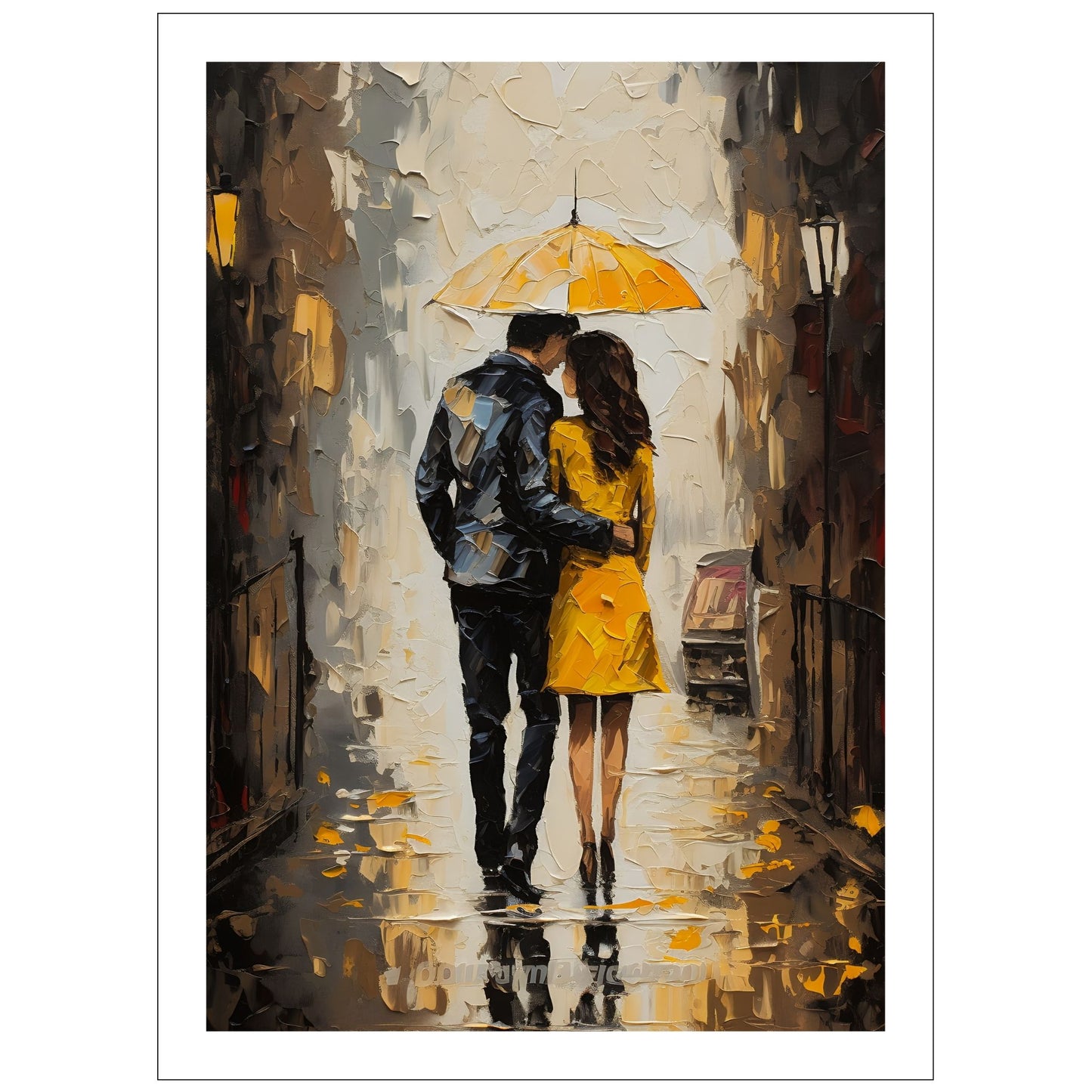 "Kjæresteparet under den gule paraplyen" - oljemaleri i grafisk trykk. Motiv av et par som går under en gul paraply langs en gate. Hun har en gul kåpe og han en sort dress. Motivet fås som plakat og lerret.