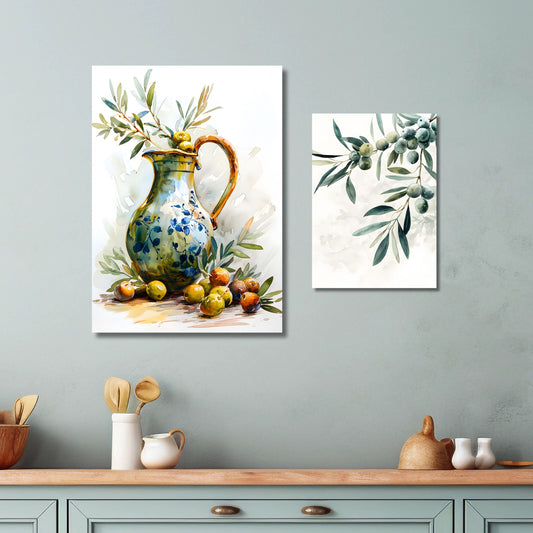 Dette akvarellmotivet er rikt på detaljer, og fargepaletten av varme jordtoner og dype grønne nyanser gir en følelse av autentisk middelhavsliv til ditt hjem. Illustrasjon viser plakat på lerret.