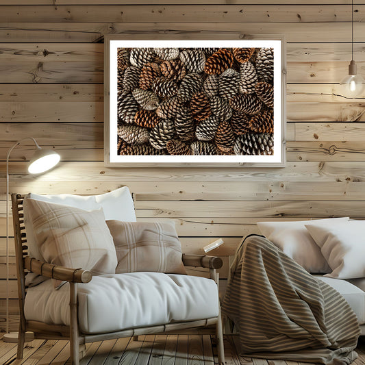 Legg til en varm og naturlig stemning i hjemmet ditt med vår unike plakat og lerret "Konglemønster". Illustrasjonen viser motivet som plakat med hvit kant i lys treramme.