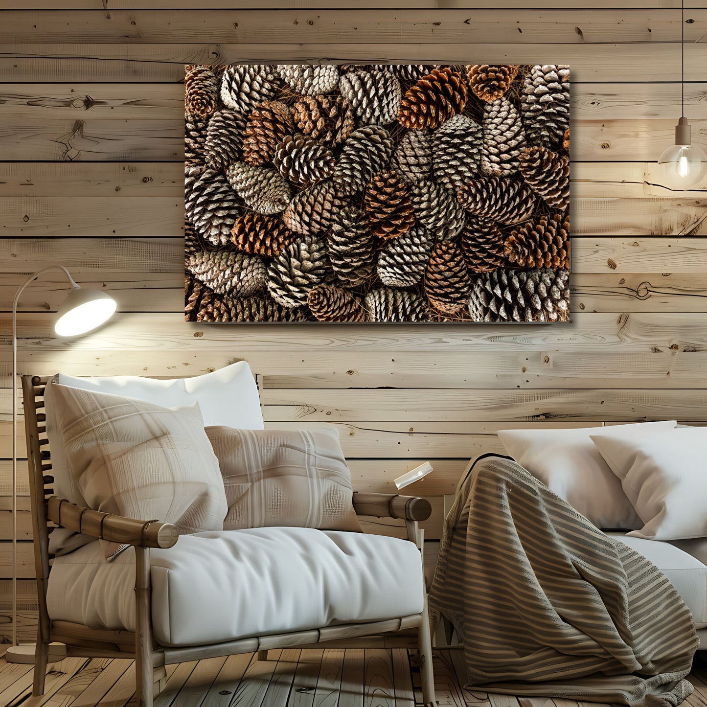 Legg til en varm og naturlig stemning i hjemmet ditt med vår unike plakat og lerret "Konglemønster". Illustrasjonen viser motivet som plakat i lys treramme.