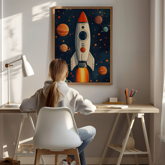 "Kosmisk Rakett"-plakat og lerret, en perfekt dekorasjon for romelskere i alle aldre. Illustrasjon viser motiv som plakat uten hvit kant i eik ramme.