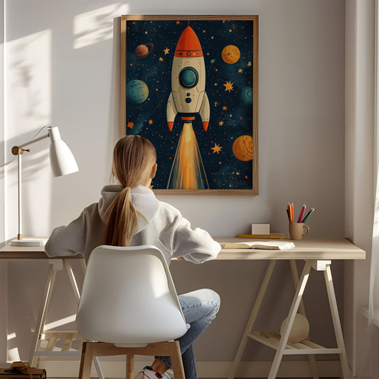 "Kosmisk Rakett"-plakat og lerret, en perfekt dekorasjon for romelskere i alle aldre. Illustrasjon viser motiv som plakat uten hvit kant i eik ramme.