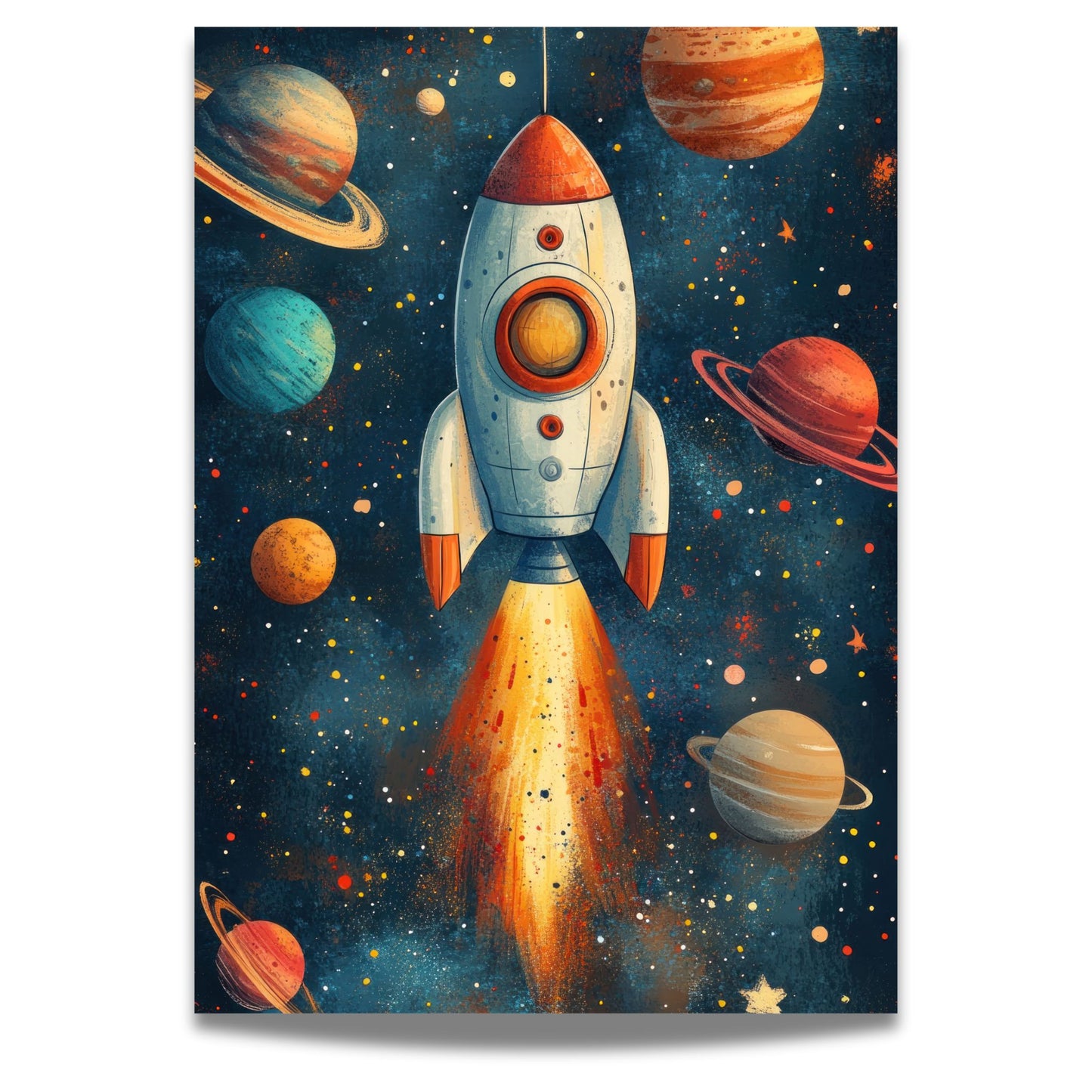 "Kosmisk Rakett"-plakat og lerret, en perfekt dekorasjon for romelskere i alle aldre. Illustrasjon viser motiv på lerret.