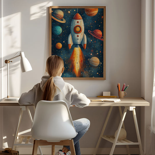 "Kosmisk Rakett"-plakat og lerret, en perfekt dekorasjon for romelskere i alle aldre. Illustrasjon viser motiv som plakat uten hvit kant i eik ramme.