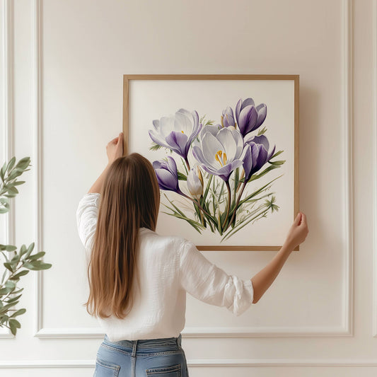 Gi rommet en rolig og ren påskestemning med Krokus i Hvitt og Lilla – Plakat. En harmonisk blanding av farger og blomster – ideell for minimalistisk interiør. Illustrasjon viser plakat i eik ramme.
