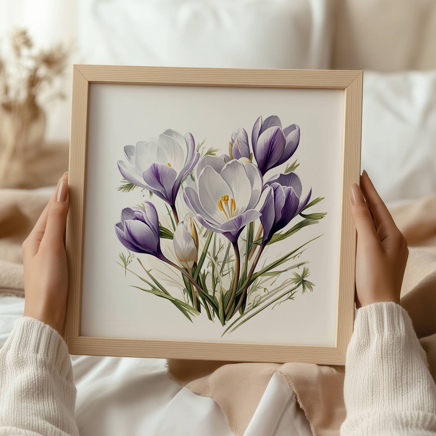 Gi rommet en rolig og ren påskestemning med Krokus i Hvitt og Lilla – Plakat. En harmonisk blanding av farger og blomster – ideell for minimalistisk interiør. Illustrasjon viser plakat i eik ramme.