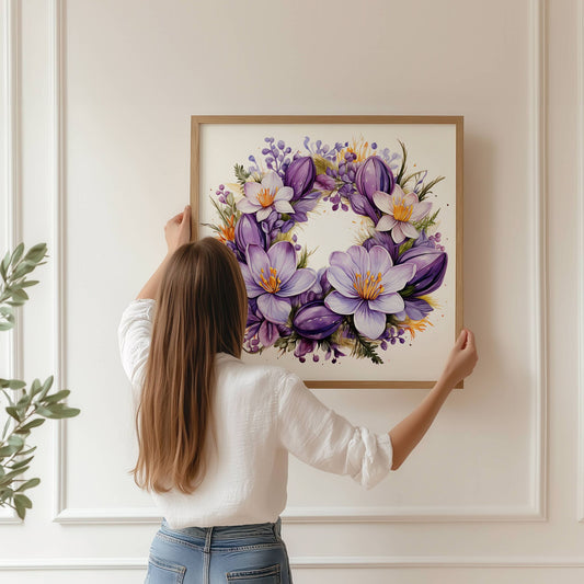 Krokuskrans i Lilla – Plakat er en botanisk skjønnhet, hvor lilla og hvite krokus danner en sirkulær krans – ideell for deg som elsker florale detaljer og nordisk estetikk. Illustrasjon viser plakat i eik ramme.