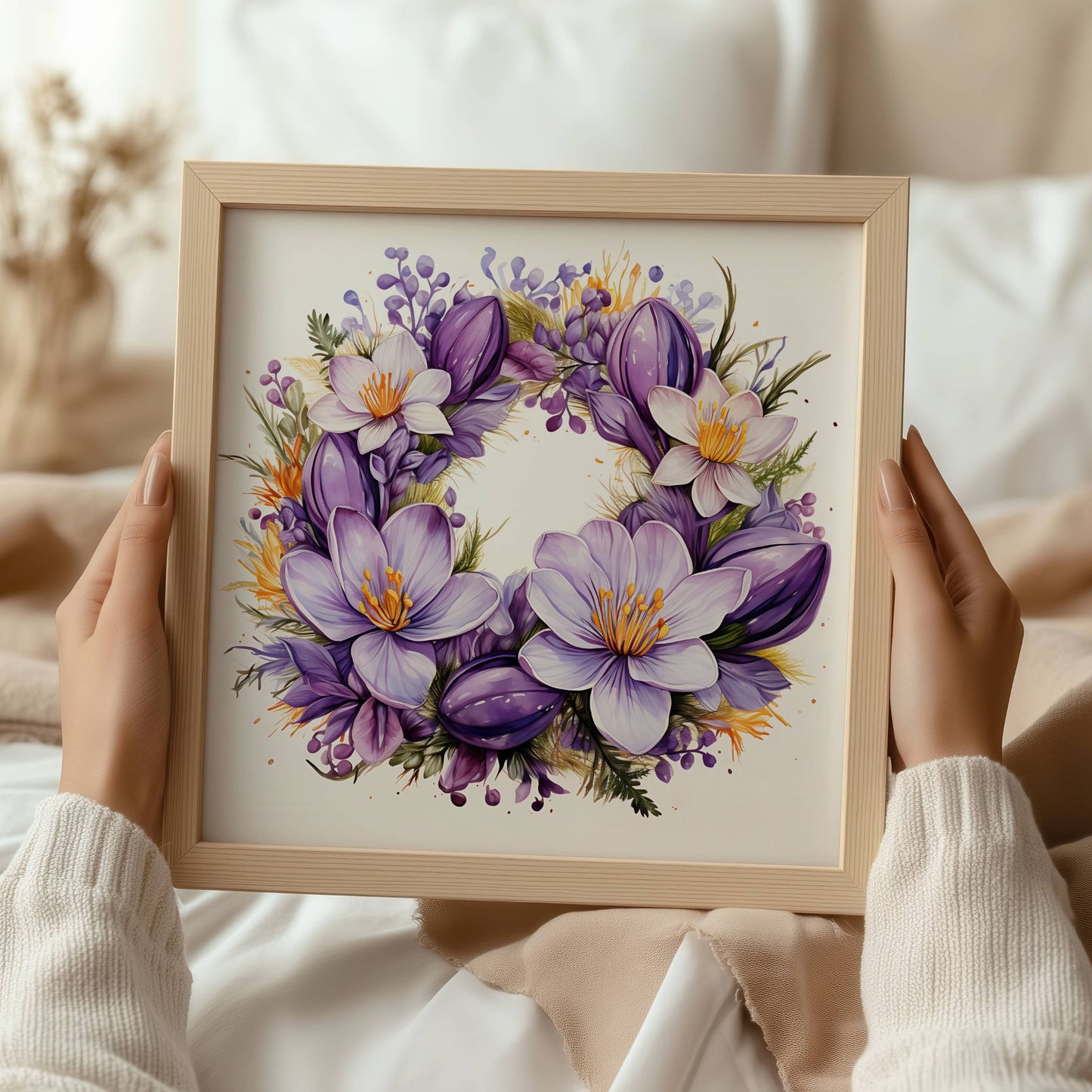 Krokuskrans i Lilla – Plakat er en botanisk skjønnhet, hvor lilla og hvite krokus danner en sirkulær krans – ideell for deg som elsker florale detaljer og nordisk estetikk. Illustrasjon viser plakat i eik ramme.