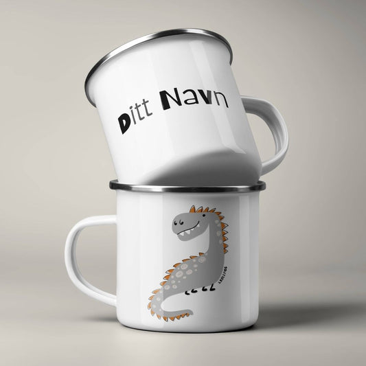 Emaljekrus stablet, med personlig navn på ene siden og dinosaurmotiv på andre siden