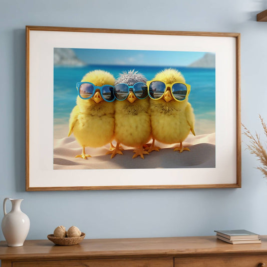 Denne unike plakaten viser tre sjarmerende kyllinger iført solbriller, perfekt for å skape en morsom og avslappet atmosfære. Illustrasjonen viser plakaetn i ramme med passepartout.