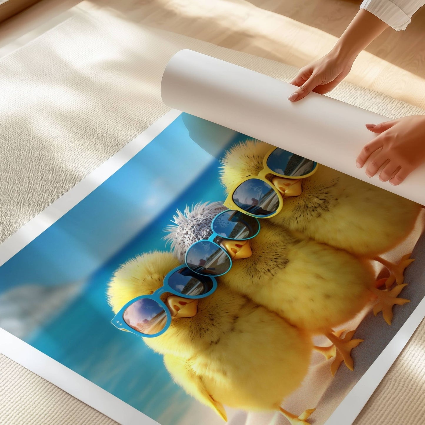 Denne unike plakaten viser tre sjarmerende kyllinger iført solbriller, perfekt for å skape en morsom og avslappet atmosfære. Illustrasjonen viser plakaetn på print.