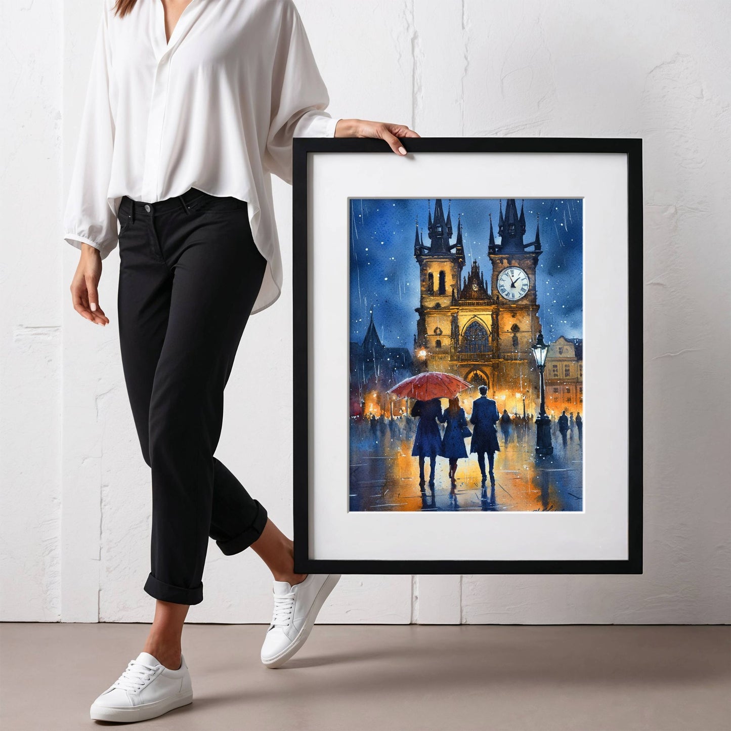 Opplev magien av en regntung kveld i Praha med Kveld i Praha – en kunstplakat i vakker akvarellstil. illudtrsasjon viser plakat med passepartout sort ramme.