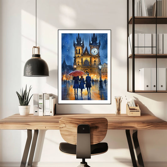 Opplev magien av en regntung kveld i Praha med Kveld i Praha – en kunstplakat i vakker akvarellstil. illudtrsasjon viser plakat med kantlinje i sort ramme.